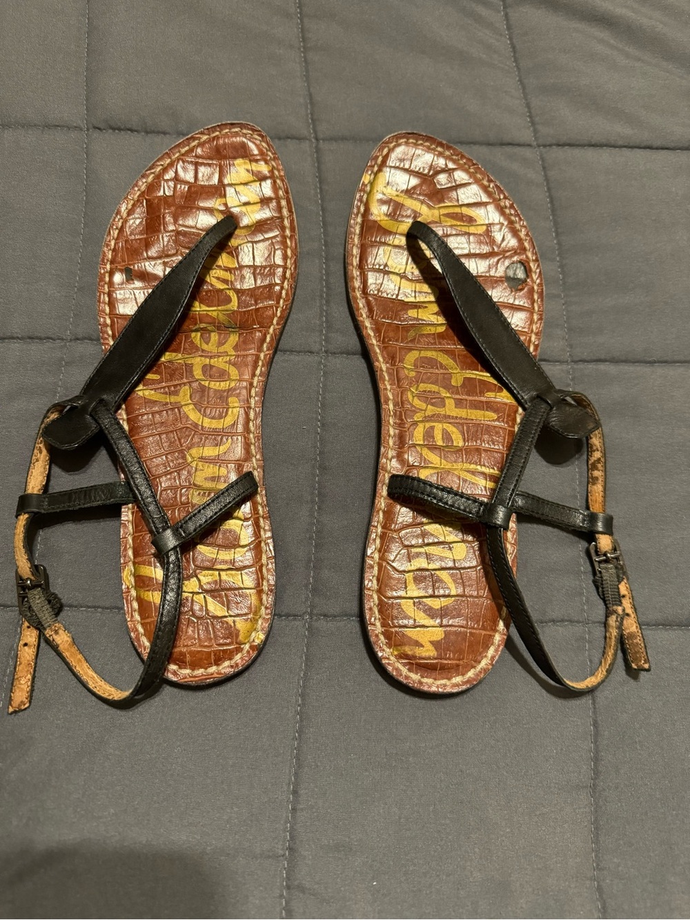 Women's Black Sam Edelman Sandals with Brown Croc-Textured Footbed Size 9.5